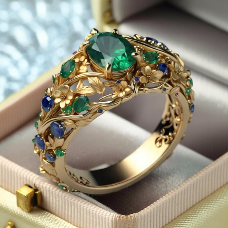 Green & Blue Crystal Gold Ring