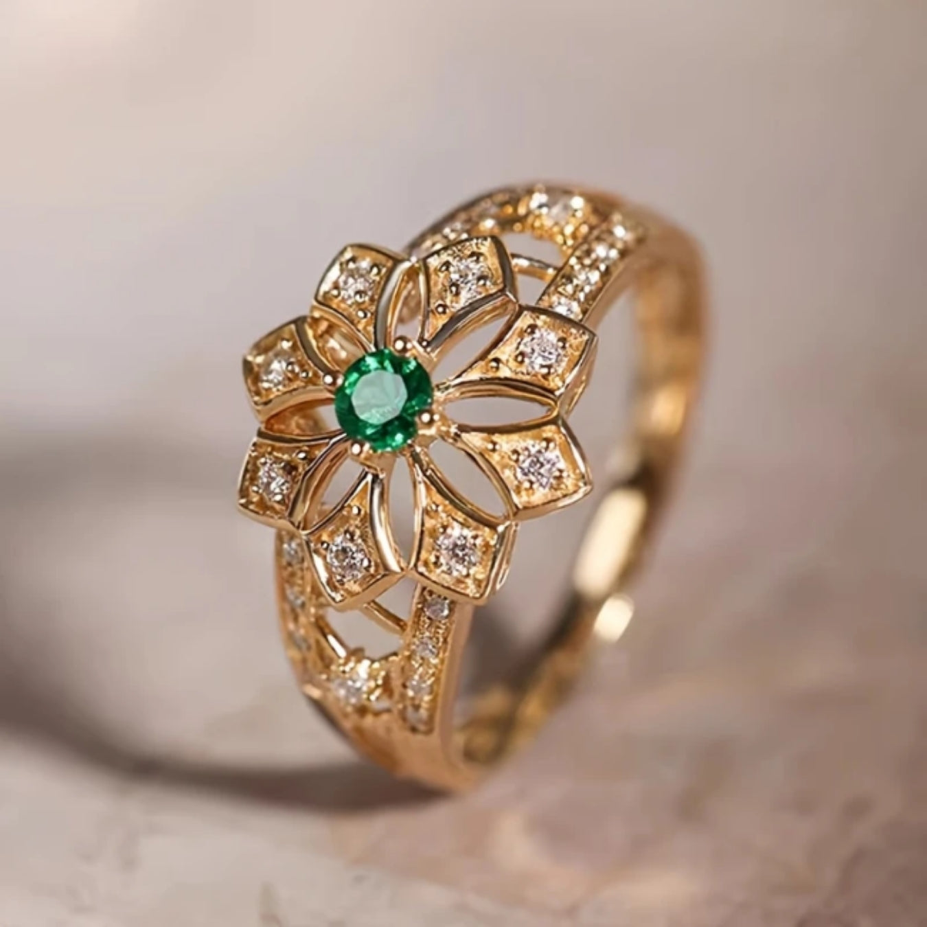 Hollow Gold Ring with Flower and Green Stone