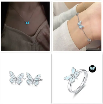 Blue Luminous Butterfly Necklace & Bracelet Set