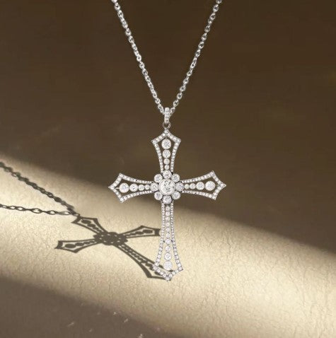Vintage Round Cut White Sapphire Cross Necklace