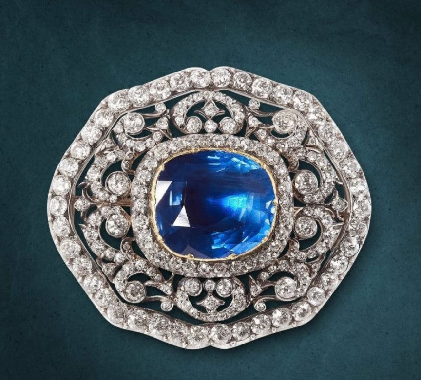 Two-Tone Cushion Cut Blue Sapphire Brooch