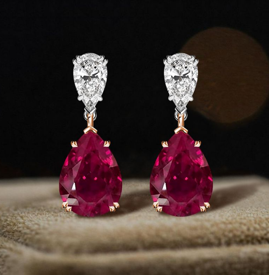 Two-Tone Pear Cut Ruby Sapphire Drop Earrings
