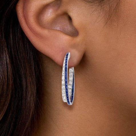 Emerald Cut Blue Sapphire Hoop Earrings
