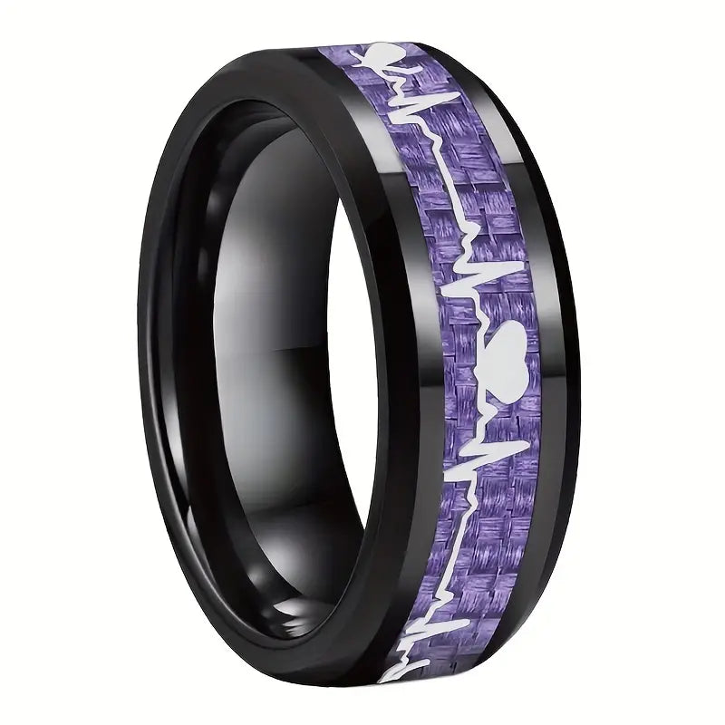 Titanium Stainless Ring Heartbeat Carbon Fiber Inlay