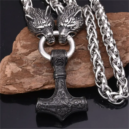 Men's Vintage Nordic Zinc Alloy Viking Wolf Head And Hammer Pendant Necklace