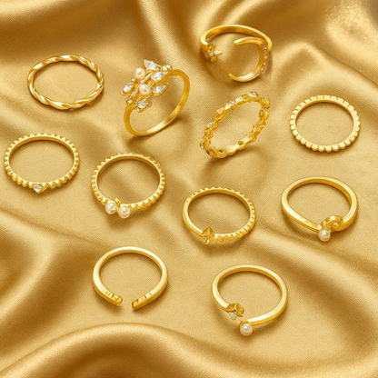 Sada 10 bohémských prstenů postříbřených a pozlacených