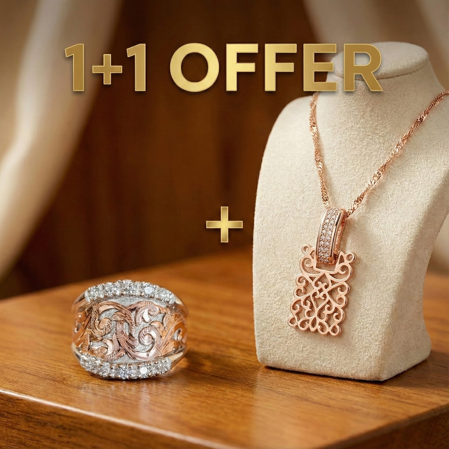 1+1 Offer: Elegant Gold Mandala Necklace + Vintage Silver & Rose Ring