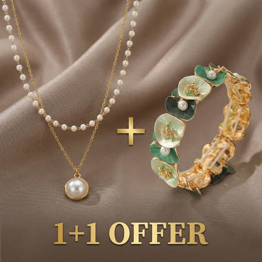 1+1 Offer: Elegant Pearl Necklace + Vintage Green Floral Pearl Bracelet