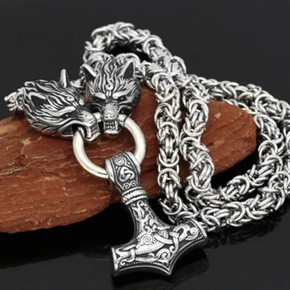 Men's Vintage Nordic Zinc Alloy Viking Wolf Head And Hammer Pendant Necklace