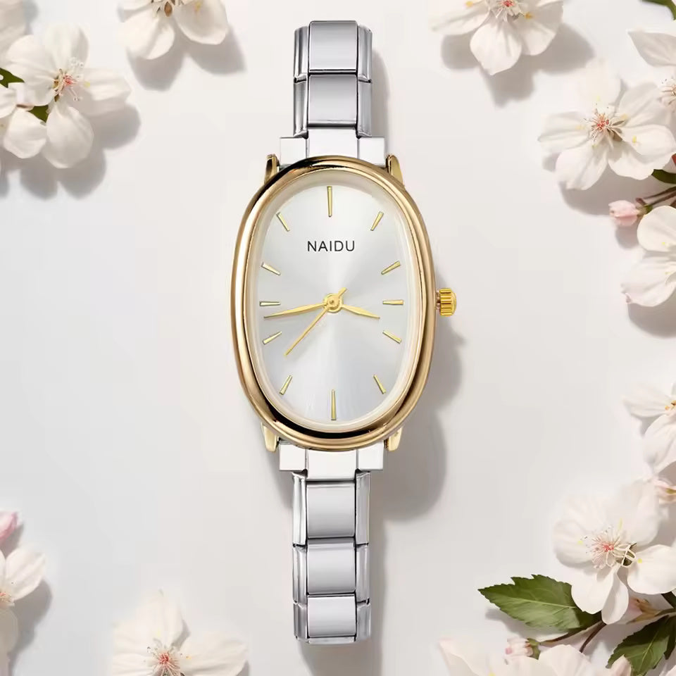 Elegant Oval Quartz Watch Stainless Steel Timepiece