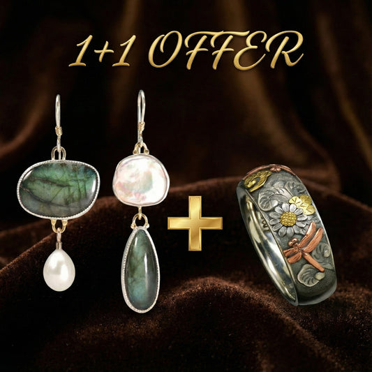 1+1 Offer: Vintage Natural Stone Earrings in Silver + Vintage Natural Silver Ring