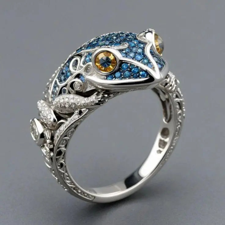 Vintage Blue Glossy Frog Ring in Silver