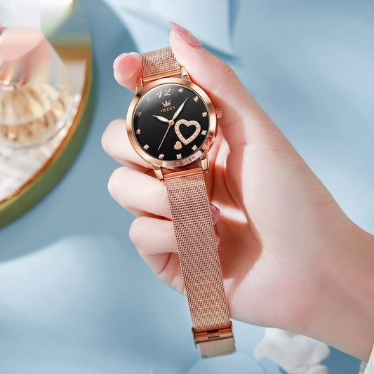 Elegant Personalized Mesh Strap Womens Watch With Rose Dial