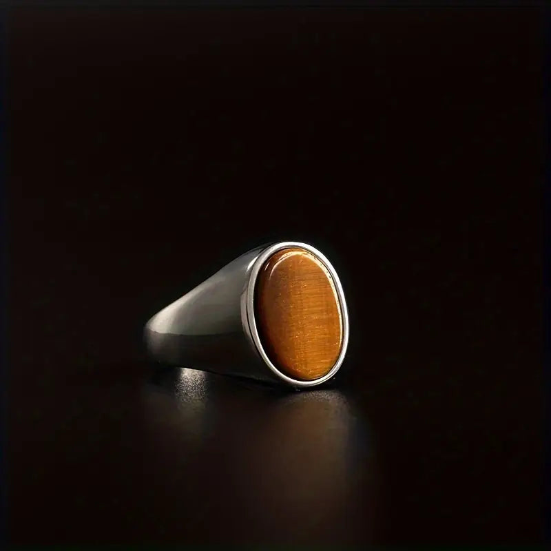 メンズ ステンレス製シグネットリング（フェイクジェムストーン付き）