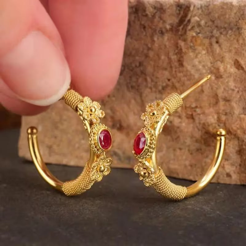 Vintage Floral Red Zirconia Hoop Earrings