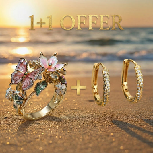 1+1 Offer: Vintage Golden Prifddinas Floral Ring + Irregular Minimalist Shiny Gold Earrings