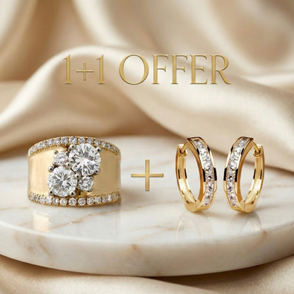 1+1 Offer: Vintage Golden Bright Zirconia Ring + Elegant Gold and Crystal Earrings