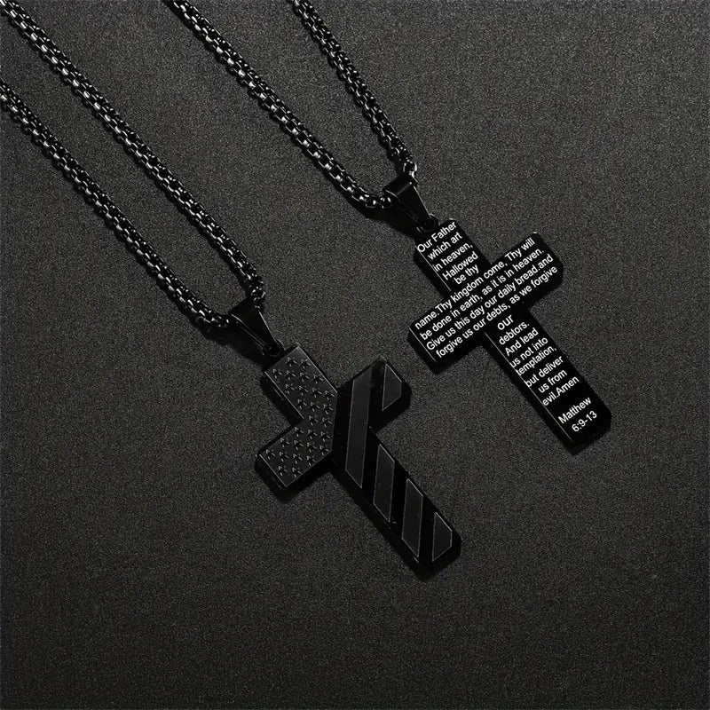 ステンレススチールクロスネックレス アメリカ国旗＆聖書の一節ペンダント付き