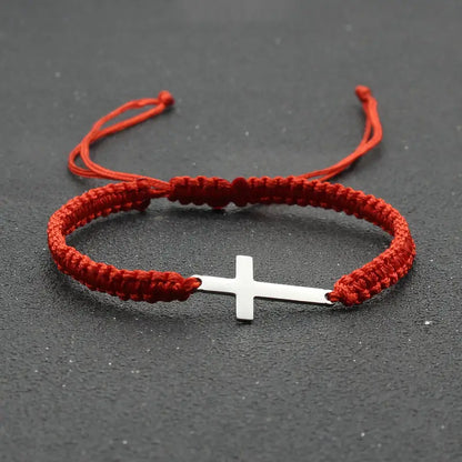 Handwoven Cross Bracelet With Silver Threads Charms