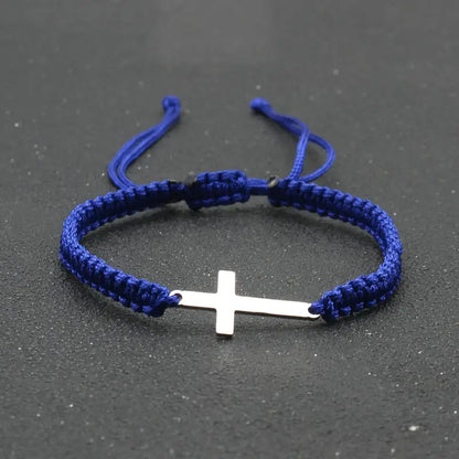 Handwoven Cross Bracelet With Silver Threads Charms