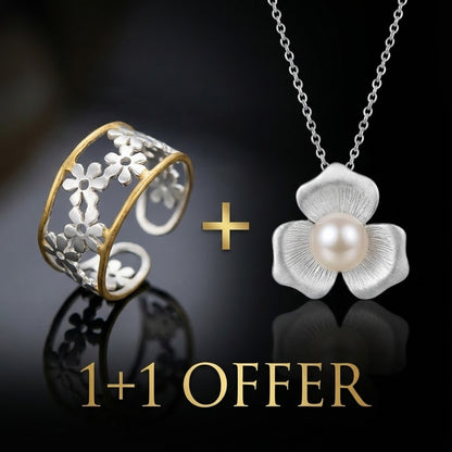 1+1 Offer: Elegant White Pearl Flower Necklace + Irregular Hollow Daisy Ring