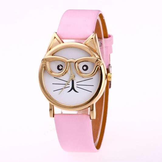 Elegant Cat Face Watch For Women With Gold Tone Glasses