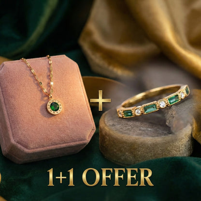 1+1 Offer: Vintage Green Zirconia Gold Ring + Time Necklace with Emerald in Gold