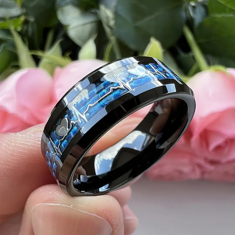 Titanium Stainless Ring Heartbeat Carbon Fiber Inlay