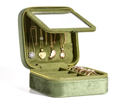 Compact Velvet Jewelry Box with built-in mirror