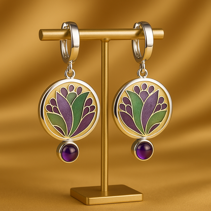 Boho náušnice s fialovými krystaly ze stříbra