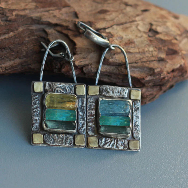 Antique" earrings with blue and green crystals