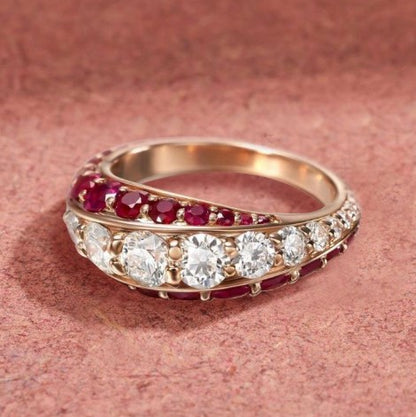 Rose Gold Round Cut Ruby & White Sapphire Wedding Ring