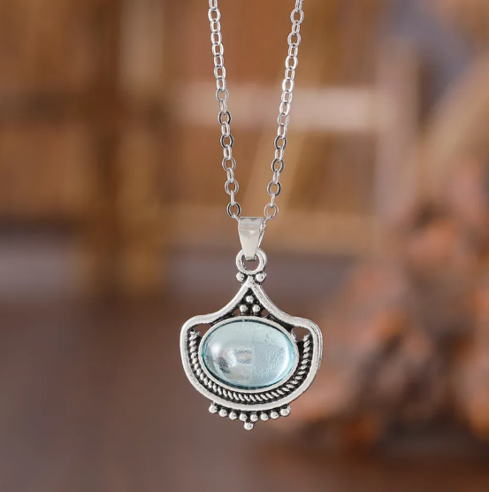 Vintage Blue Oval Gemstone Necklace & Earrings Set