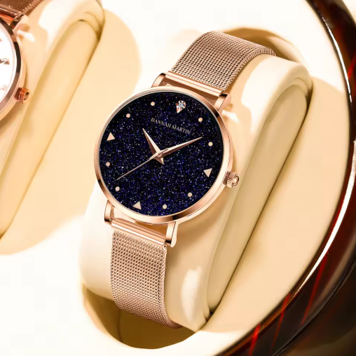 Hannah Martin Rose Gold Mesh Watch With Diamond Detailing