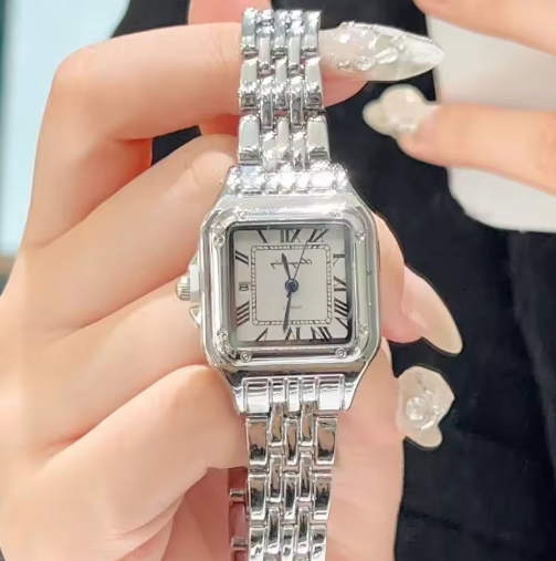 Luxurious Polished Silver Square Wristwatch Roman Dial