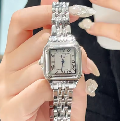 Luxurious Polished Silver Square Wristwatch Roman Dial