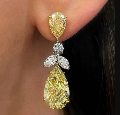 Two-Tone Pear Cut Yellow Sapphire Drop Earrings