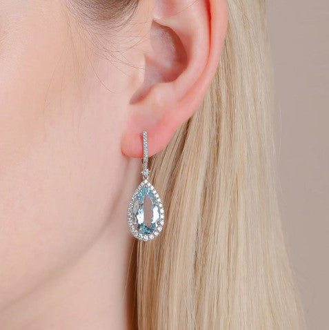 Pear Cut Aquamarine Sapphire Halo Drop Earrings