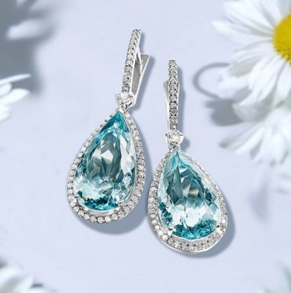 Pear Cut Aquamarine Sapphire Halo Drop Earrings