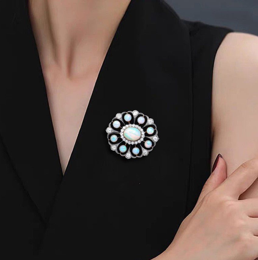 Antique Two-Tone Halo Oval & Round Opal Brooch