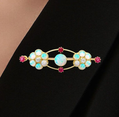 Golden Round Cut Opal & Ruby Brooch