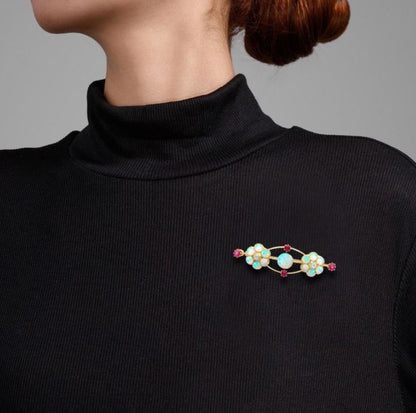 Golden Round Cut Opal & Ruby Brooch