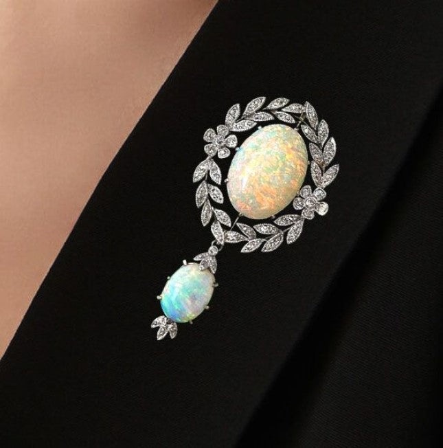 Vintage Milgrain Wreath Oval Cut Opal Brooch