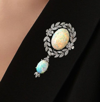 Vintage Milgrain Wreath Oval Cut Opal Brooch