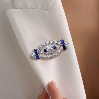 Milgrain Art Deco Round & Emerald Cut White & Blue Sapphire Brooch