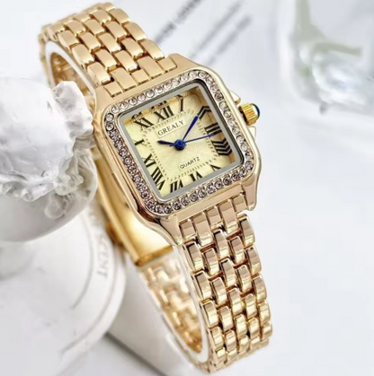 Luxurious Square Dial Leather Strap Quartz Timepiece