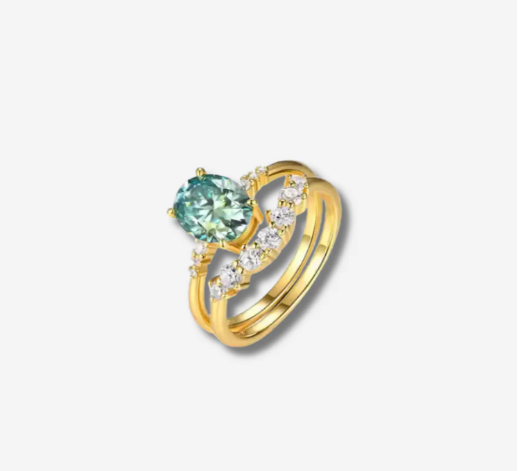 Green Moissanite Gold Plated Ring Set