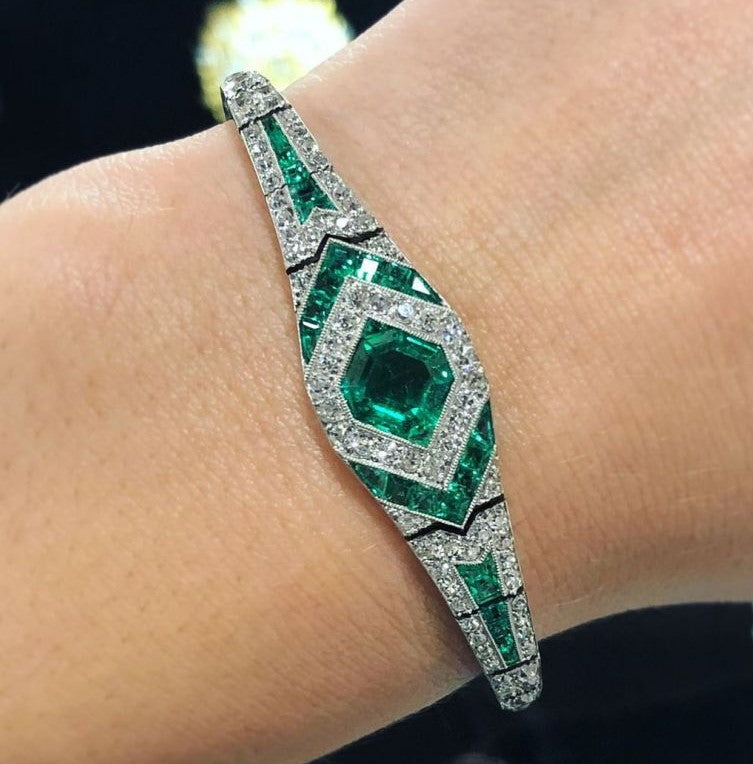 Art Deco Halo Asscher Cut Emerald Sapphire Bracelet