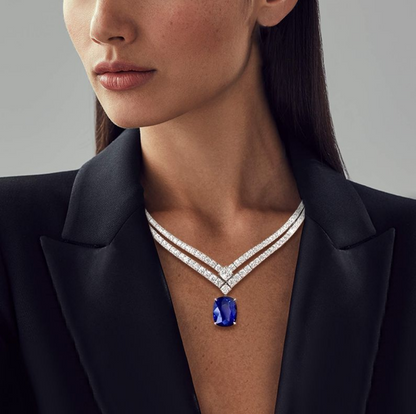 Double Row Cushion Cut Blue Sapphire Necklace