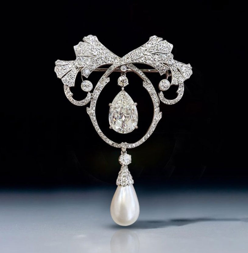 Fabulous Pear Cut Pearl & White Sapphire Brooch